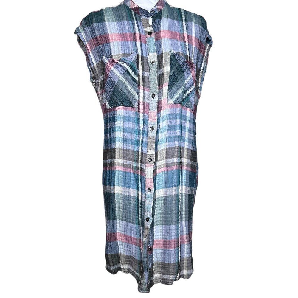 Anthro Holding Horses shirt dress gauze Small plaid button down